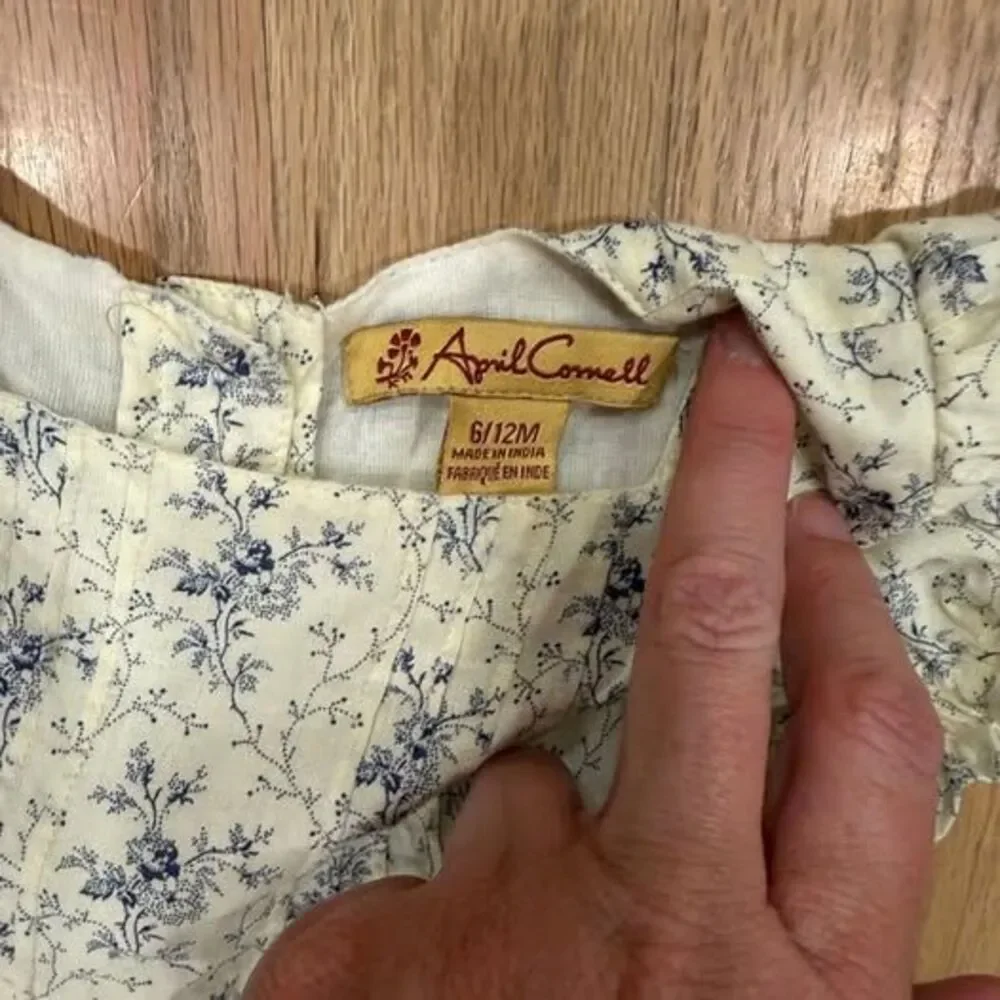 Vintage April Cornell Cream and Blue Floral Cotton Baby/Toddler Dress 6-12M